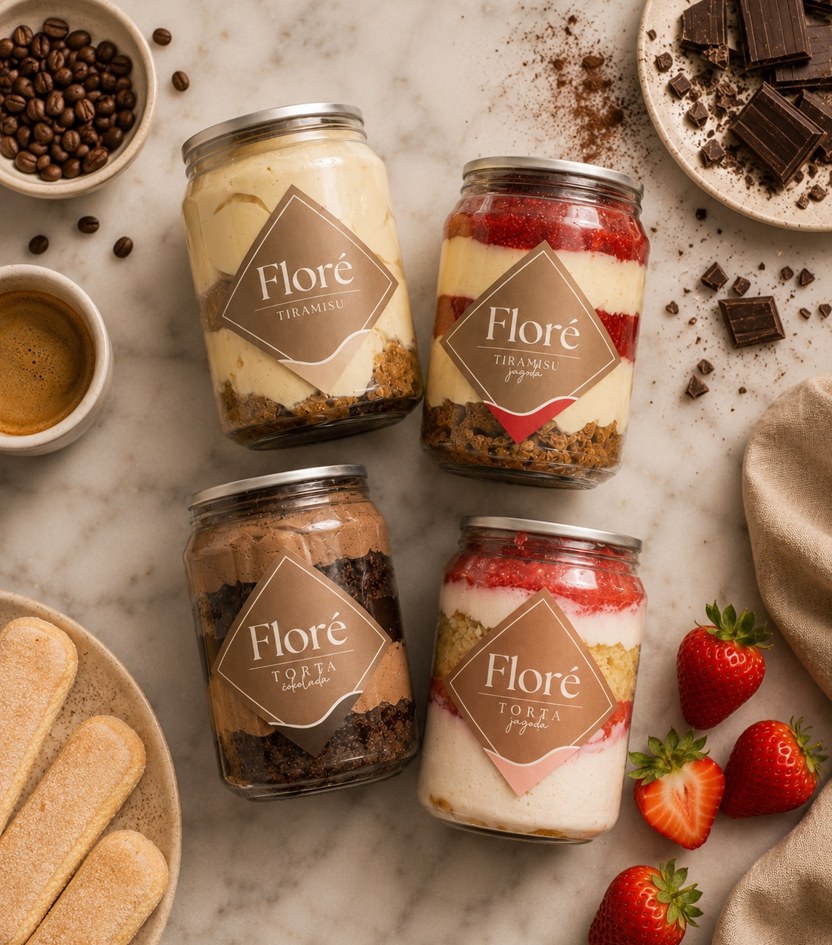 Floré sladice v kozarcu, flatlay s kavo in čokolado